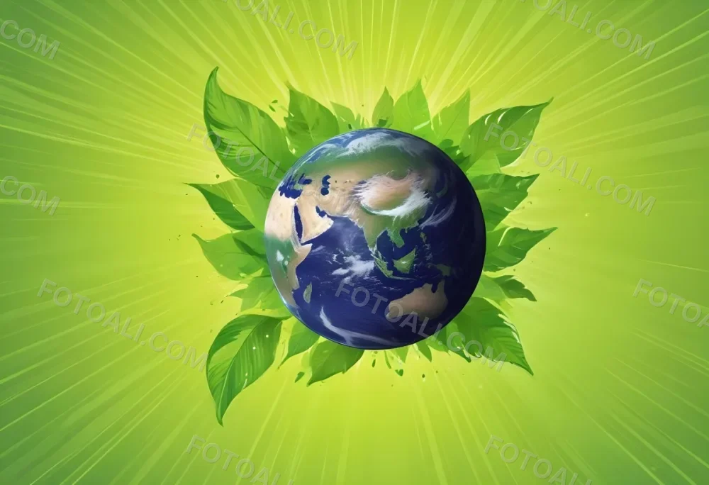Planet Earth Surrounded By Four Green Leaves On A Bright Green Background With Radial Rays Emanating From The Center 45 F908