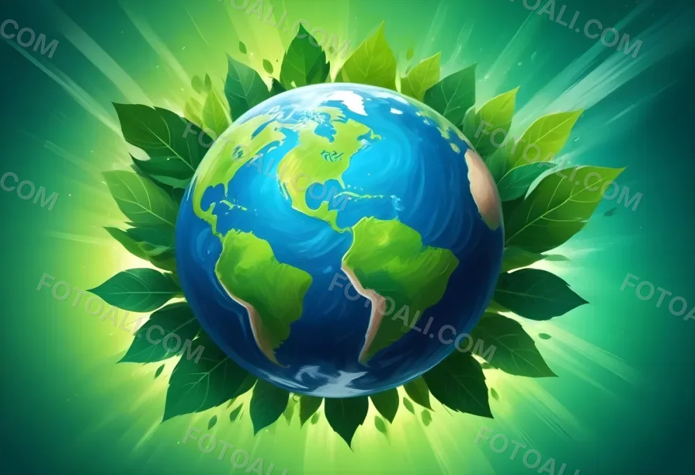 Planet Earth Surrounded By Four Green Leaves On A Bright Green Background With Radial Rays Emanating From The Center 46 B4f9