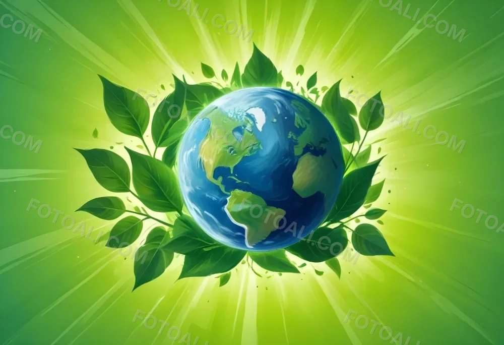 Planet Earth Surrounded By Four Green Leaves On A Bright Green Background With Radial Rays Emanating From The Center 47 F610