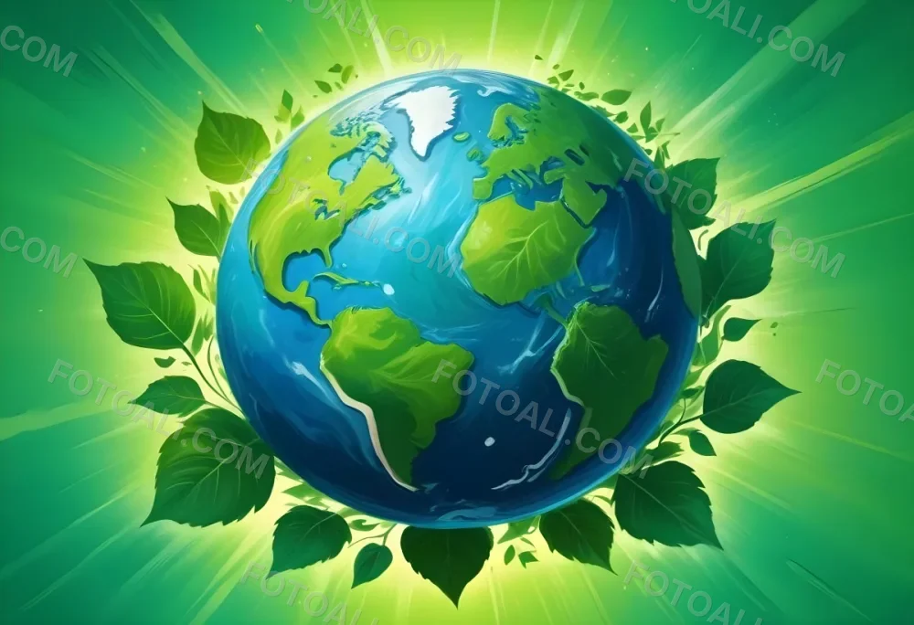 Planet Earth Surrounded By Four Green Leaves On A Bright Green Background With Radial Rays Emanating From The Center 48 11cb