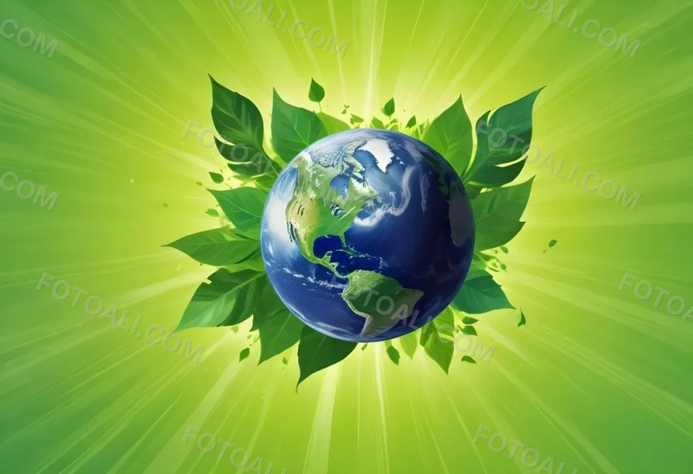 Planet Earth Surrounded By Four Green Leaves On A Bright Green Background With Radial Rays Emanating From The Center 49 06ed