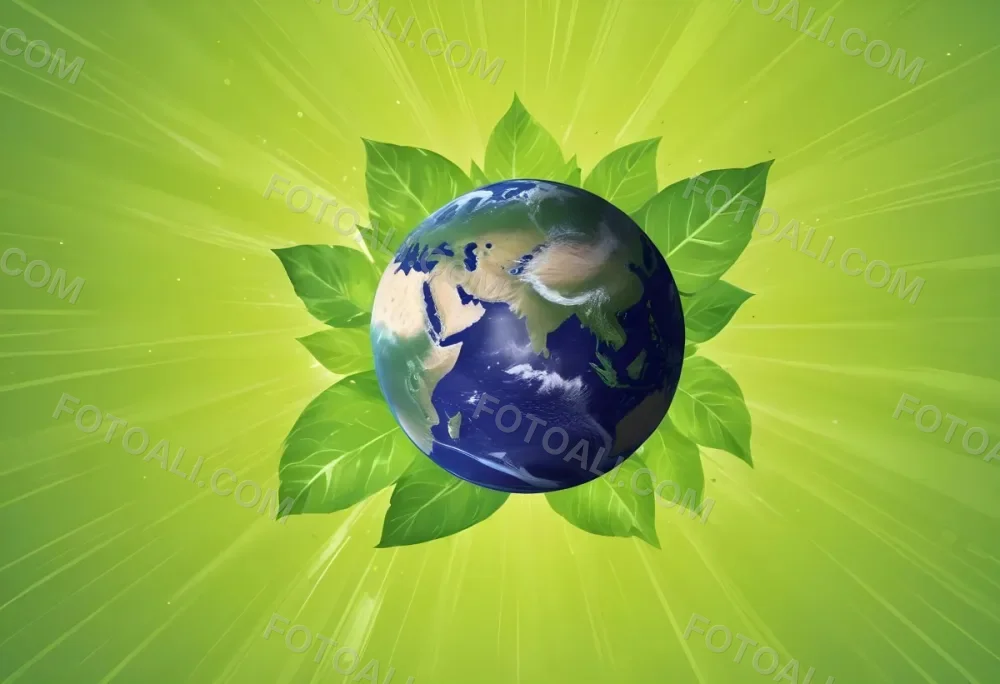 Planet Earth Surrounded By Four Green Leaves On A Bright Green Background With Radial Rays Emanating From The Center 6 A90f
