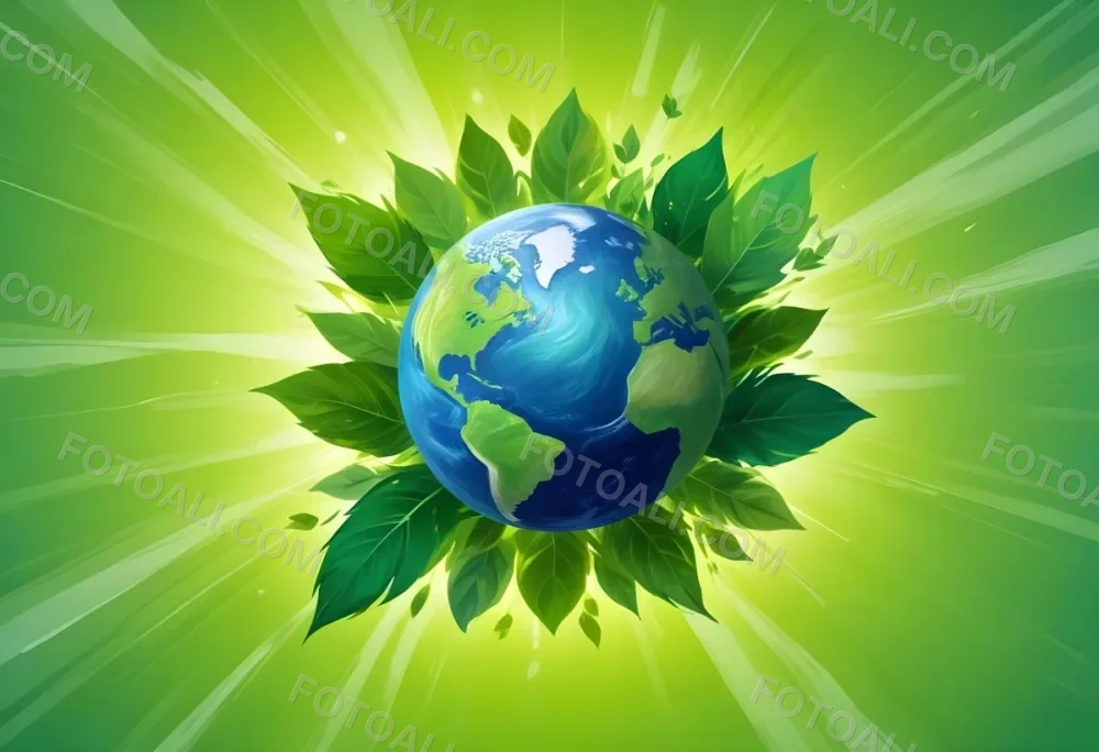 Planet Earth Surrounded By Four Green Leaves On A Bright Green Background With Radial Rays Emanating From The Center 8 86d8
