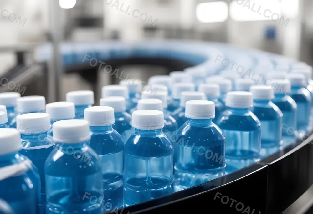 Plastic Bottles With Blue Liquid And Blue Caps On A Conveyor Belt Industrial Setting With Blurred Background 11 2766