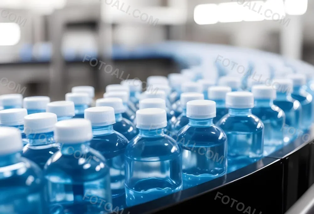 Plastic Bottles With Blue Liquid And Blue Caps On A Conveyor Belt Industrial Setting With Blurred Background 12 Eeb7