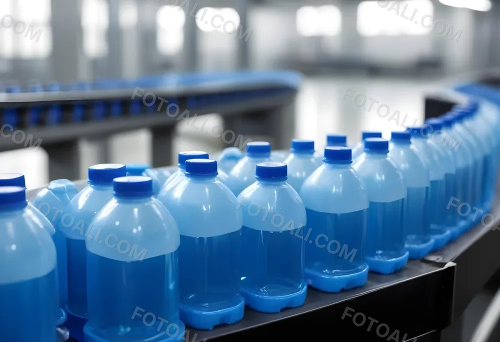 Plastic Bottles With Blue Liquid And Blue Caps On A Conveyor Belt Industrial Setting With Blurred Background 2 99bf