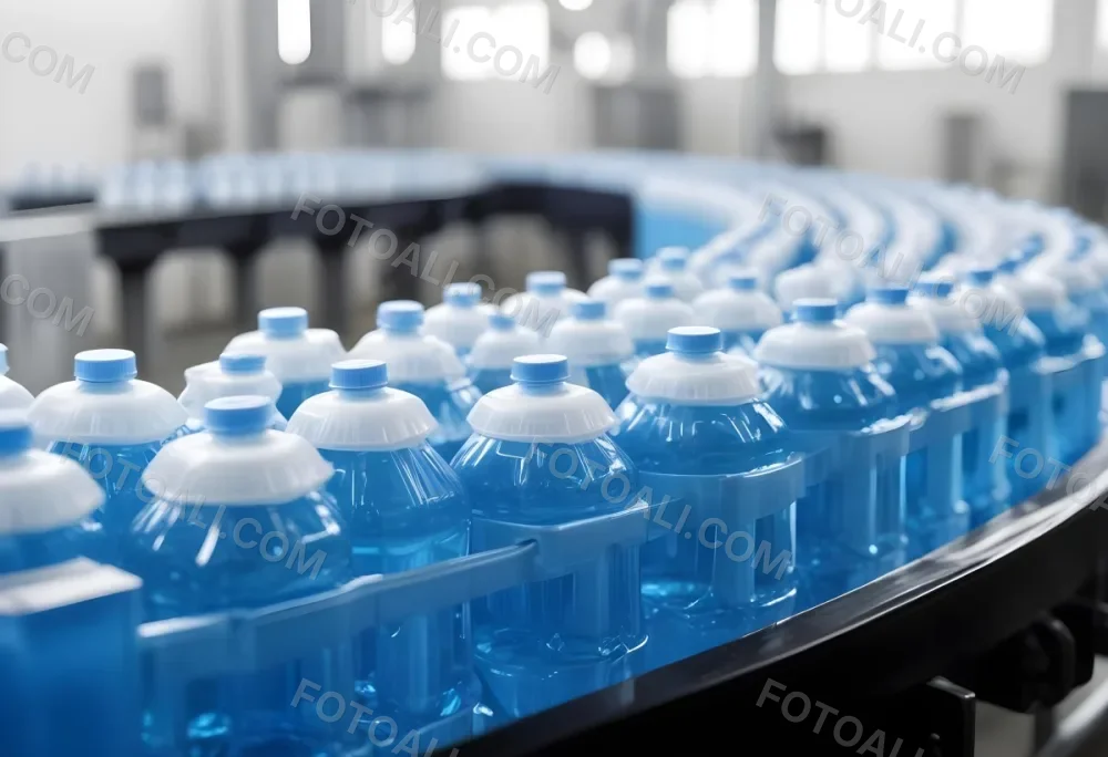Plastic Bottles With Blue Liquid And Blue Caps On A Conveyor Belt Industrial Setting With Blurred Background 22 0c6c