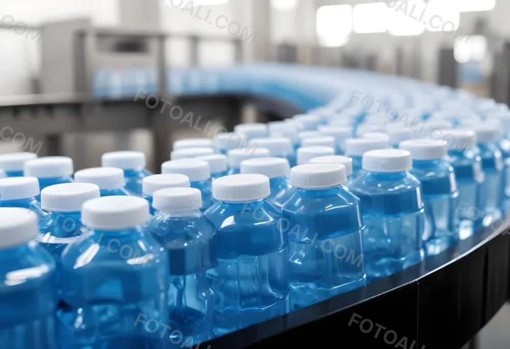 Plastic Bottles With Blue Liquid And Blue Caps On A Conveyor Belt Industrial Setting With Blurred Background 26 B833