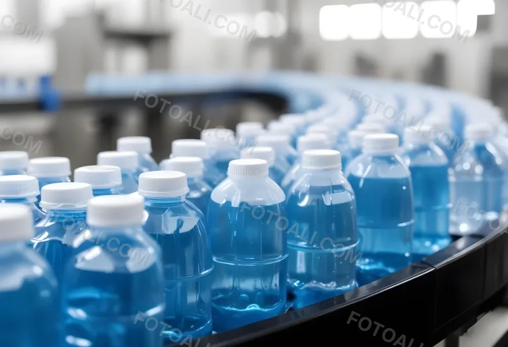 Plastic Bottles With Blue Liquid And Blue Caps On A Conveyor Belt Industrial Setting With Blurred Background 27 Ee19