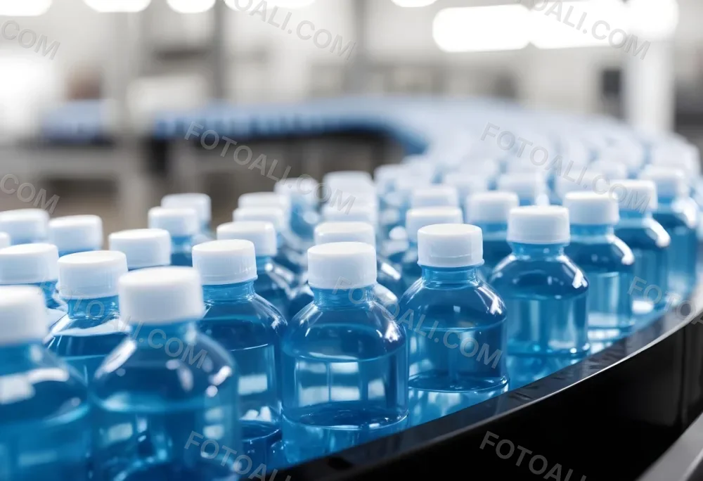 Plastic Bottles With Blue Liquid And Blue Caps On A Conveyor Belt Industrial Setting With Blurred Background 29 05bf