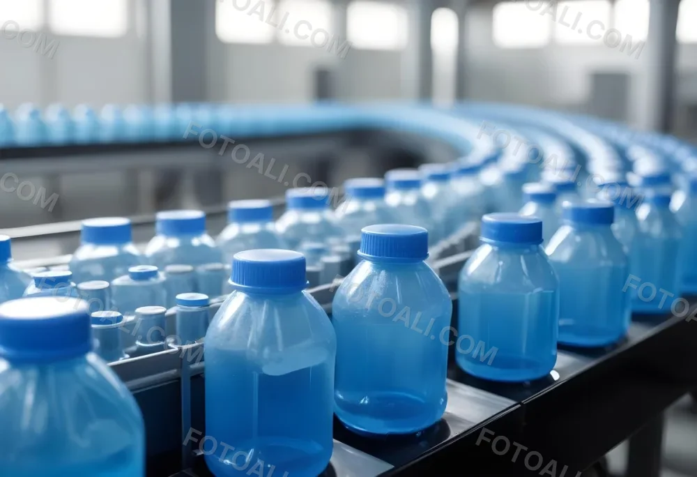 Plastic Bottles With Blue Liquid And Blue Caps On A Conveyor Belt Industrial Setting With Blurred Background 3 98d9
