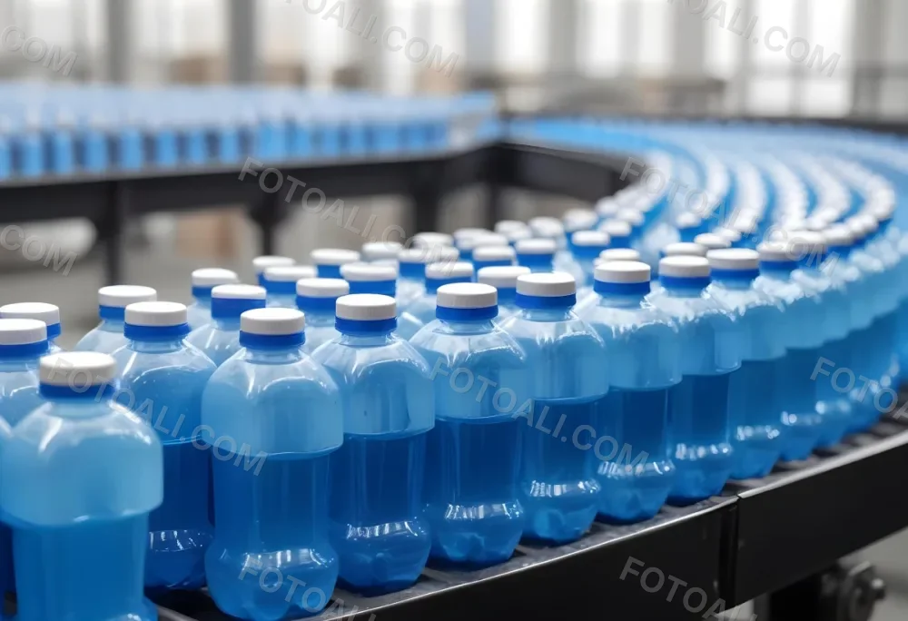 Plastic Bottles With Blue Liquid And Blue Caps On A Conveyor Belt Industrial Setting With Blurred Background 4 11e8