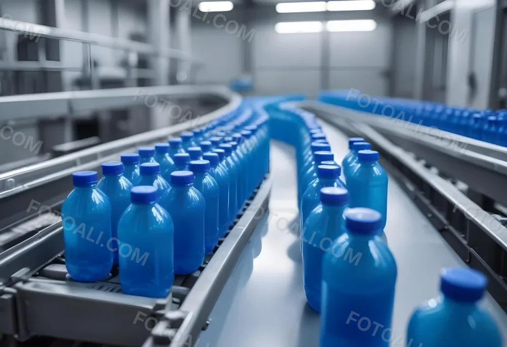 Plastic Bottles With Blue Liquid And Blue Caps On A Conveyor Belt Industrial Setting With Blurred Background 6 73eb