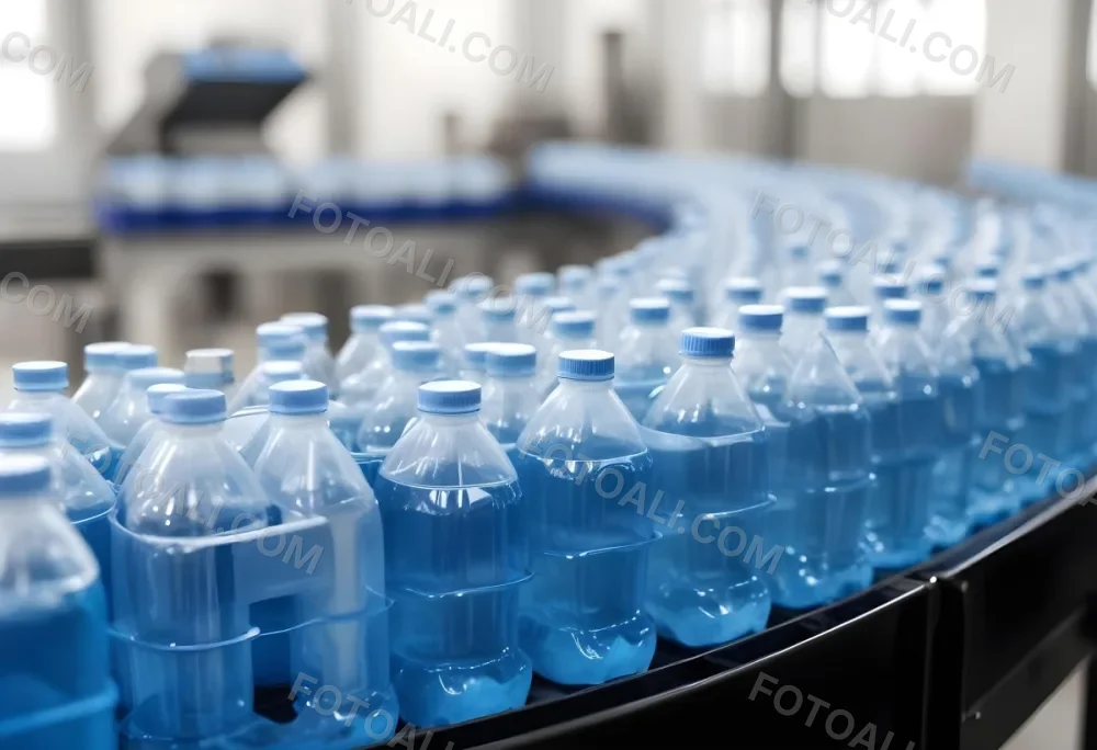 Plastic Bottles With Blue Liquid And Blue Caps On A Conveyor Belt Industrial Setting With Blurred Background 7 C929