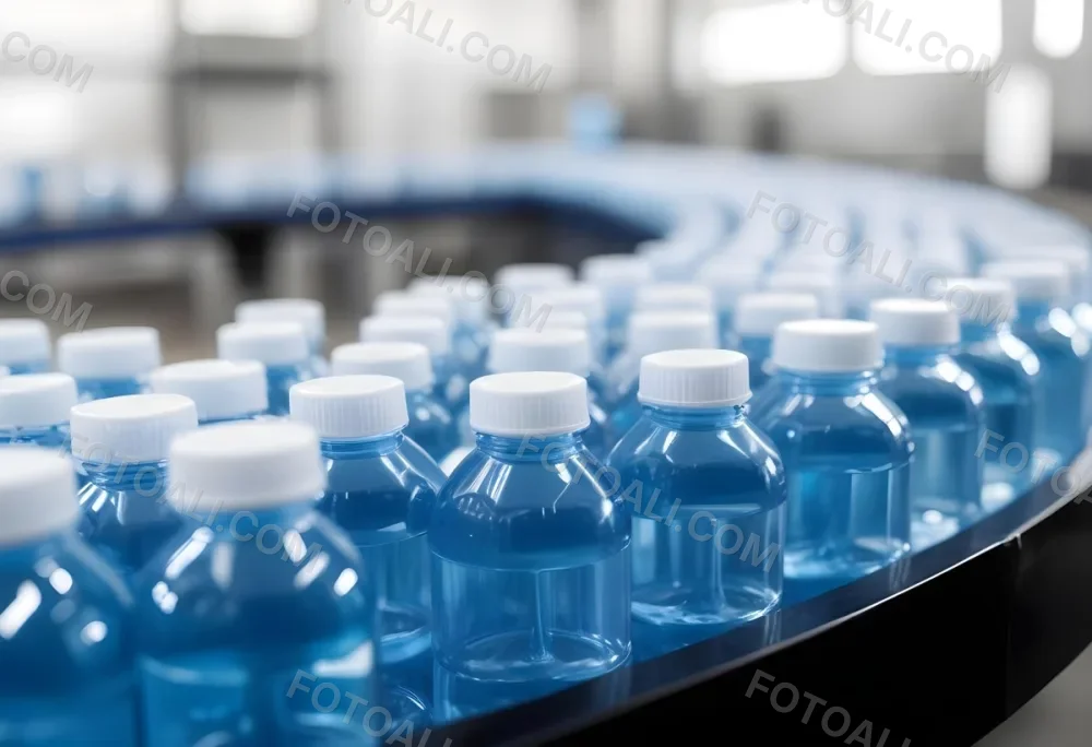 Plastic Bottles With Blue Liquid And Blue Caps On A Conveyor Belt Industrial Setting With Blurred Background 8 De17