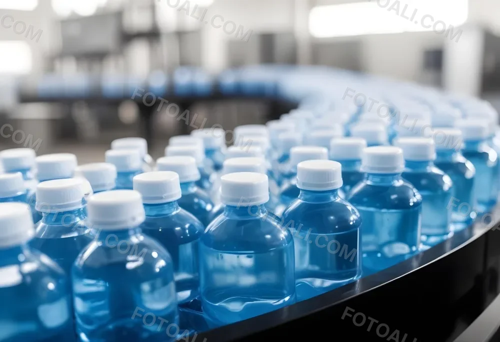 Plastic Bottles With Blue Liquid And Blue Caps On A Conveyor Belt Industrial Setting With Blurred Background 9 6b26