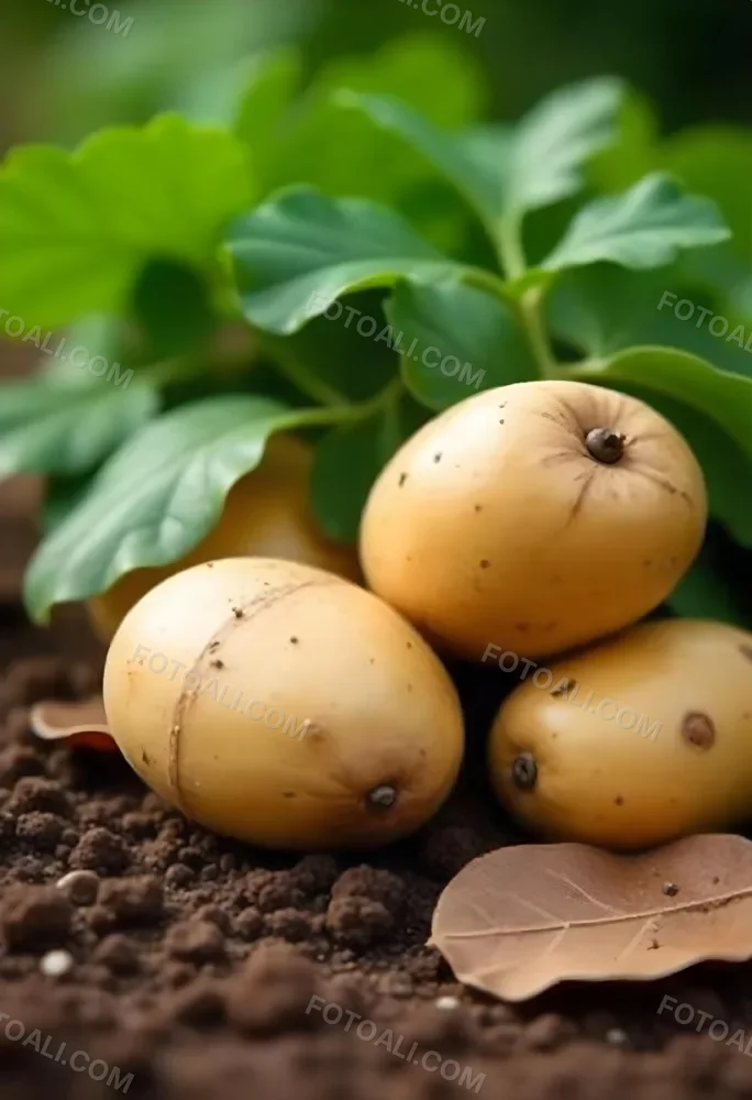 Potatoes On The Ground With Brown Leaves Brown Soil Natural Light Close Up Shot Organic Farming Healthy Food Agriculture Concept 1 4e2d