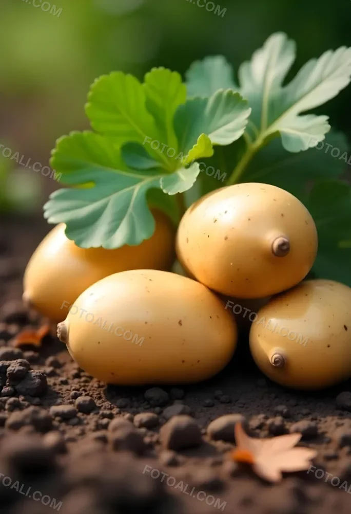 Potatoes On The Ground With Brown Leaves Brown Soil Natural Light Close Up Shot Organic Farming Healthy Food Agriculture Concept 11 E4f3