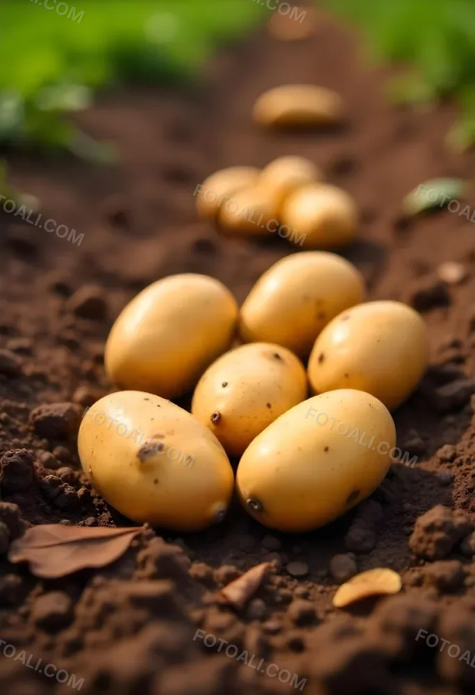Potatoes On The Ground With Brown Leaves Brown Soil Natural Light Close Up Shot Organic Farming Healthy Food Agriculture Concept 4 4c5c