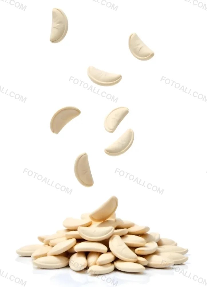Pumpkin Seeds Falling Into A Pile Of Pumpkin Seeds Isolated On A White Background 26 Bdb3