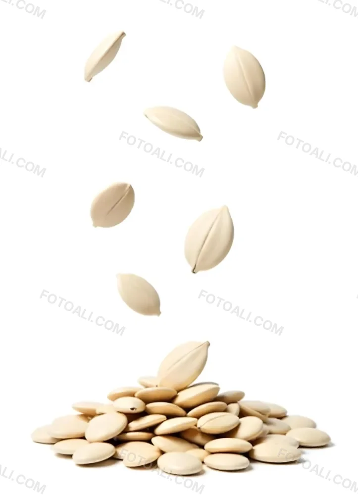 Pumpkin Seeds Falling Into A Pile Of Pumpkin Seeds Isolated On A White Background 5 Ef9a