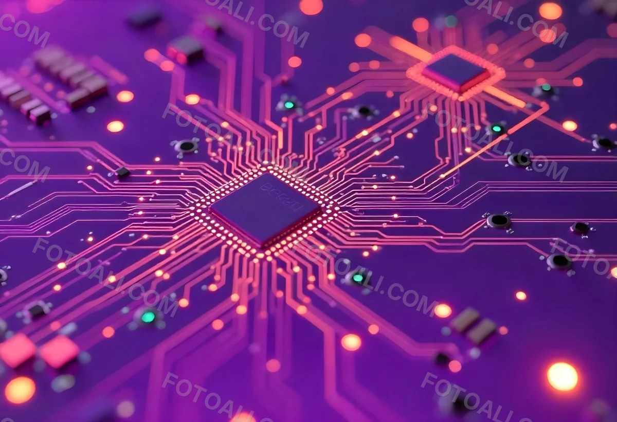 Purple Circuit Board With Intricate Patterns And Glowing Lights Showcasing The Complexity Of Electronic Engineering In A Futuristic Environment 11 D170