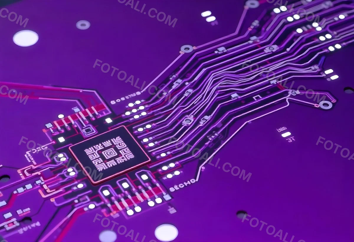 Purple Circuit Board With Intricate Patterns And Glowing Lights Showcasing The Complexity Of Electronic Engineering In A Futuristic Environment 12 B1c9