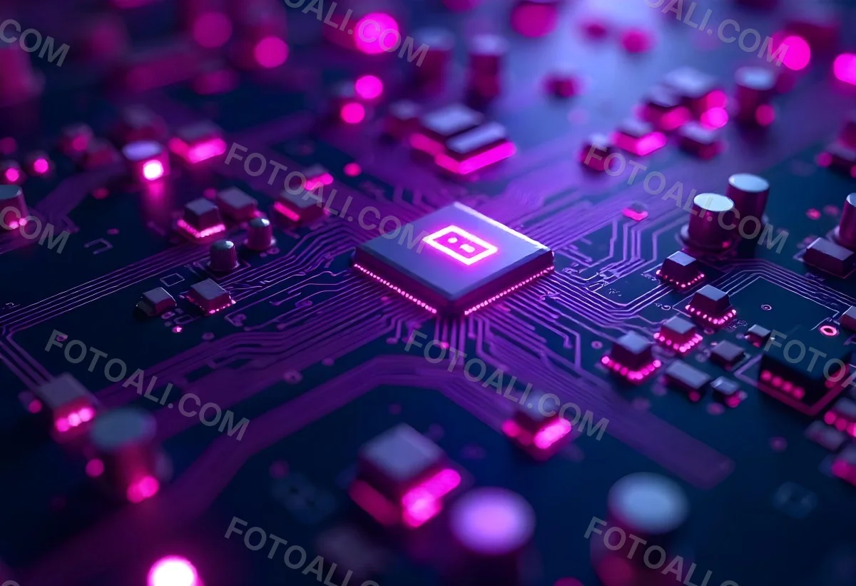 Purple Circuit Board With Intricate Patterns And Glowing Lights Showcasing The Complexity Of Electronic Engineering In A Futuristic Environment 15 B42e