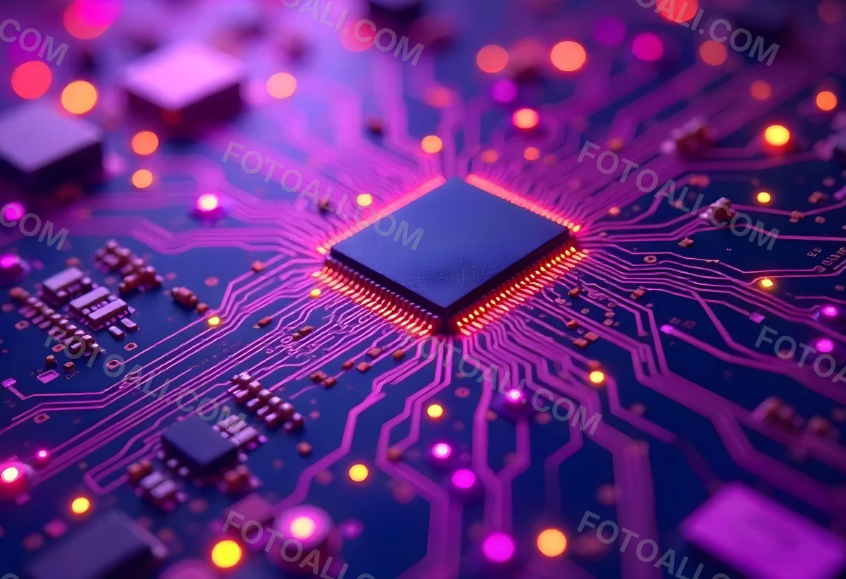 Purple Circuit Board With Intricate Patterns And Glowing Lights Showcasing The Complexity Of Electronic Engineering In A Futuristic Environment 23 85f8