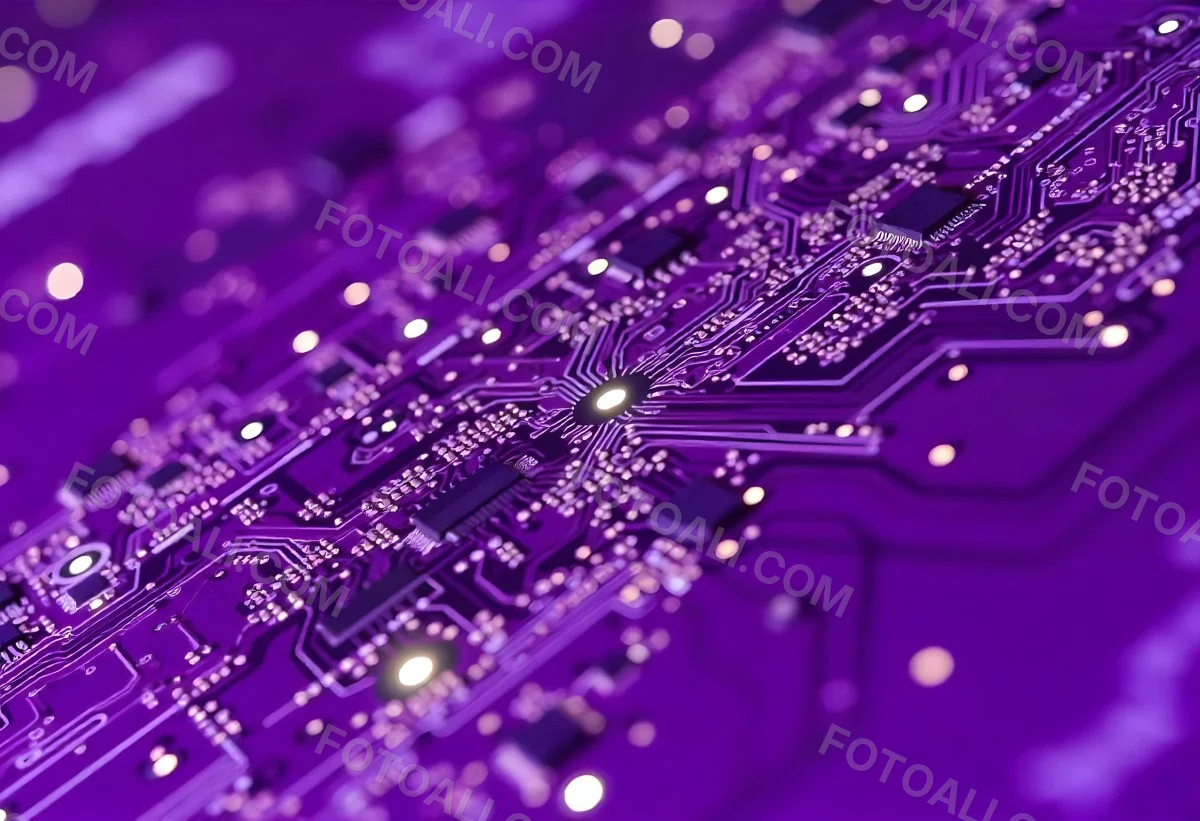 Purple Circuit Board With Intricate Patterns And Glowing Lights Showcasing The Complexity Of Electronic Engineering In A Futuristic Environment 5 B07c