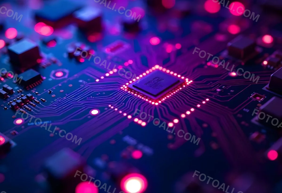 Purple Circuit Board With Intricate Patterns And Glowing Lights Showcasing The Complexity Of Electronic Engineering In A Futuristic Environment 7 6442