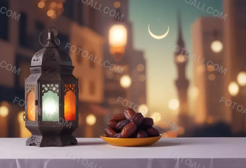 Ramadan Lantern And Dates On A Plate City Buildings In The Background With A Crescent Moon In The Sky Warm Lighting Festive Atmosphere 1 7ee3