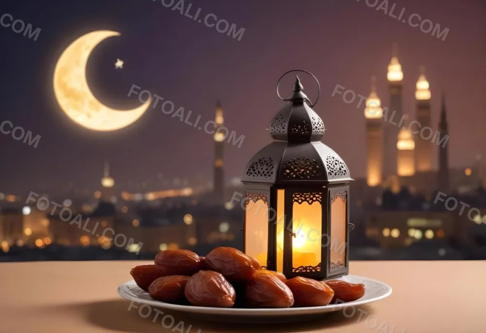 Ramadan Lantern And Dates On A Plate City Buildings In The Background With A Crescent Moon In The Sky Warm Lighting Festive Atmosphere 11 B1cf