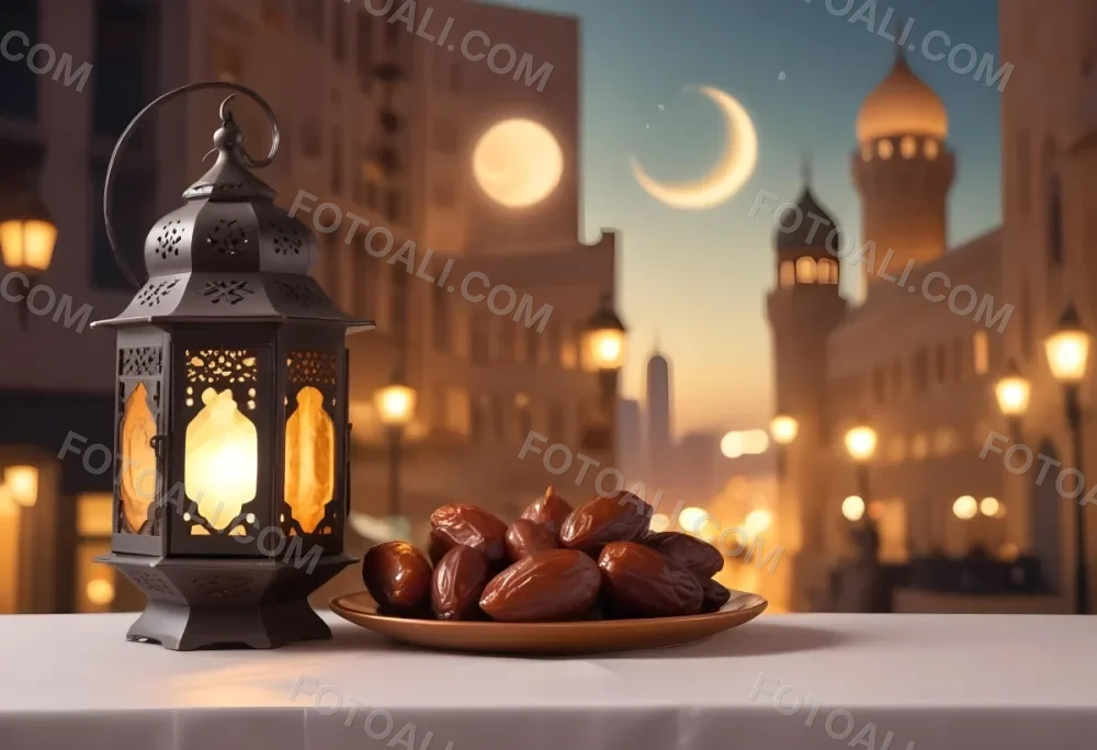 Ramadan Lantern And Dates On A Plate City Buildings In The Background With A Crescent Moon In The Sky Warm Lighting Festive Atmosphere 18 Eb56