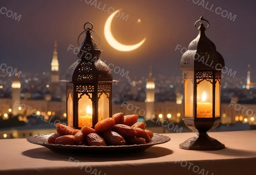 Ramadan Lantern And Dates On A Plate City Buildings In The Background With A Crescent Moon In The Sky Warm Lighting Festive Atmosphere 19 B8eb