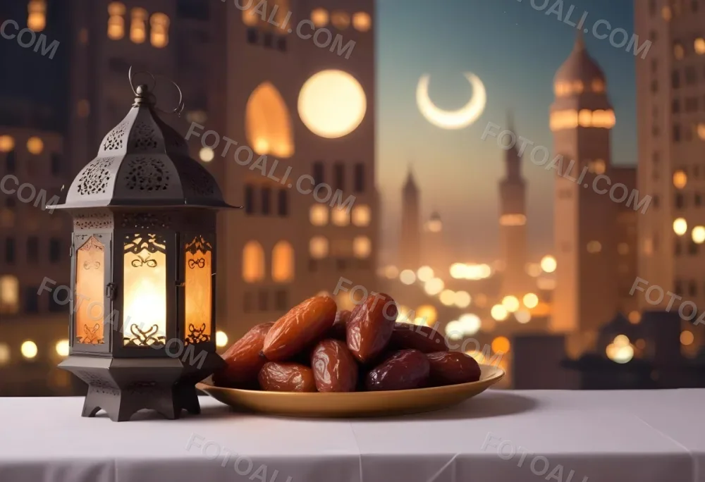 Ramadan Lantern And Dates On A Plate City Buildings In The Background With A Crescent Moon In The Sky Warm Lighting Festive Atmosphere 20 1dac