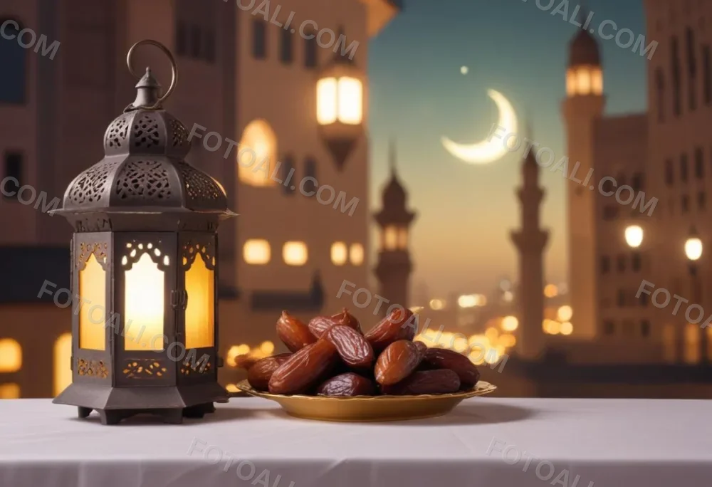 Ramadan Lantern And Dates On A Plate City Buildings In The Background With A Crescent Moon In The Sky Warm Lighting Festive Atmosphere 21 78cd