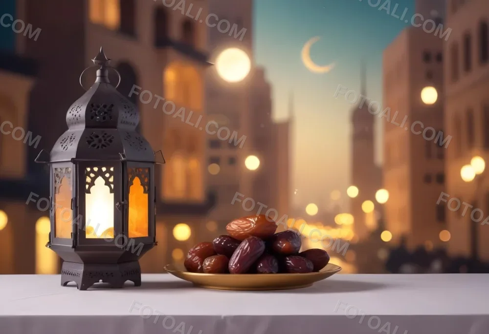 Ramadan Lantern And Dates On A Plate City Buildings In The Background With A Crescent Moon In The Sky Warm Lighting Festive Atmosphere 22 8db7