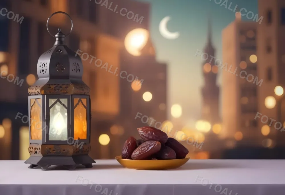 Ramadan Lantern And Dates On A Plate City Buildings In The Background With A Crescent Moon In The Sky Warm Lighting Festive Atmosphere 4 7473