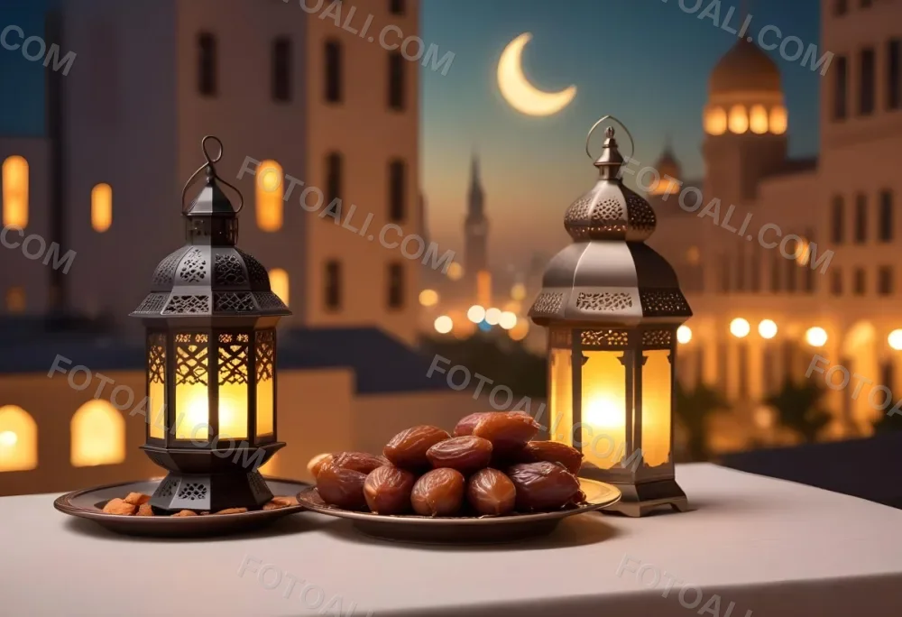 Ramadan Lantern And Dates On A Plate City Buildings In The Background With A Crescent Moon In The Sky Warm Lighting Festive Atmosphere 5 8525