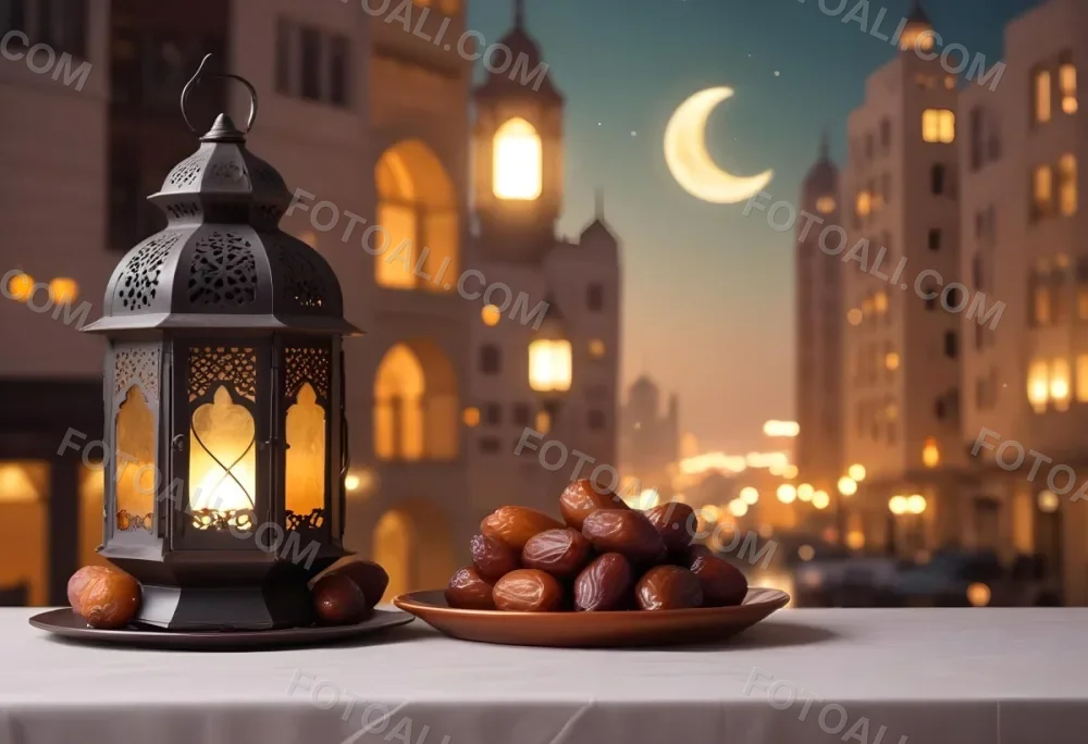 Ramadan Lantern And Dates On A Plate City Buildings In The Background With A Crescent Moon In The Sky Warm Lighting Festive Atmosphere 8 4df7
