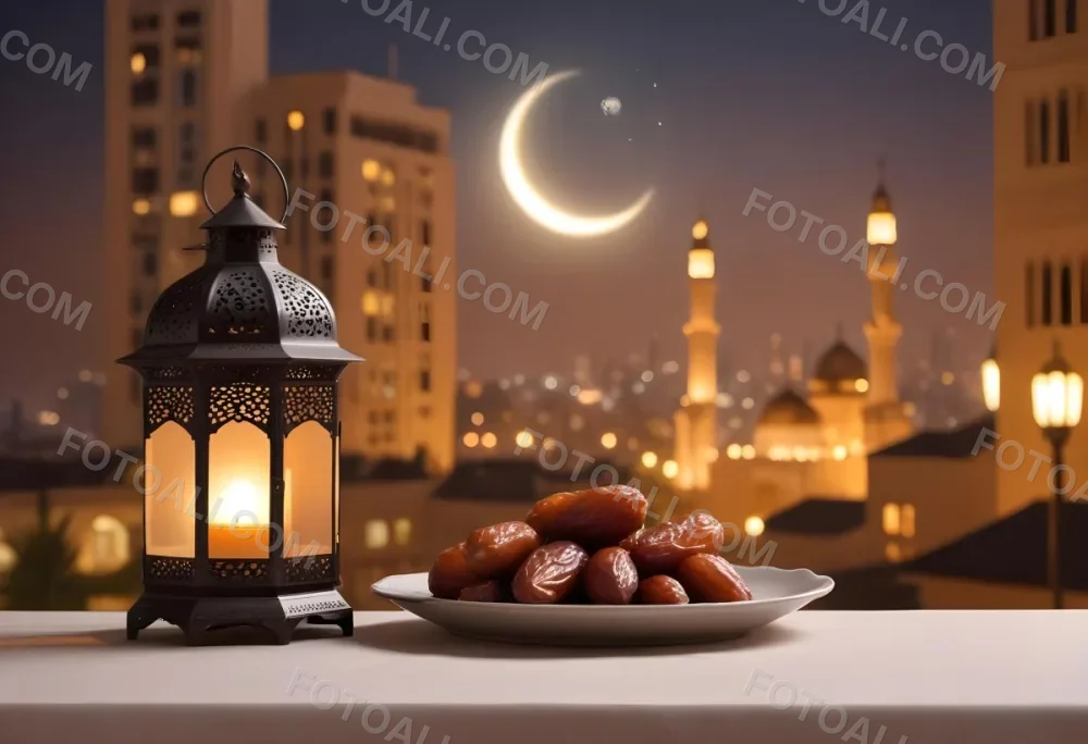Ramadan Lantern And Dates On A Plate City Buildings In The Background With A Crescent Moon In The Sky Warm Lighting Festive Atmosphere 9 Dfa2