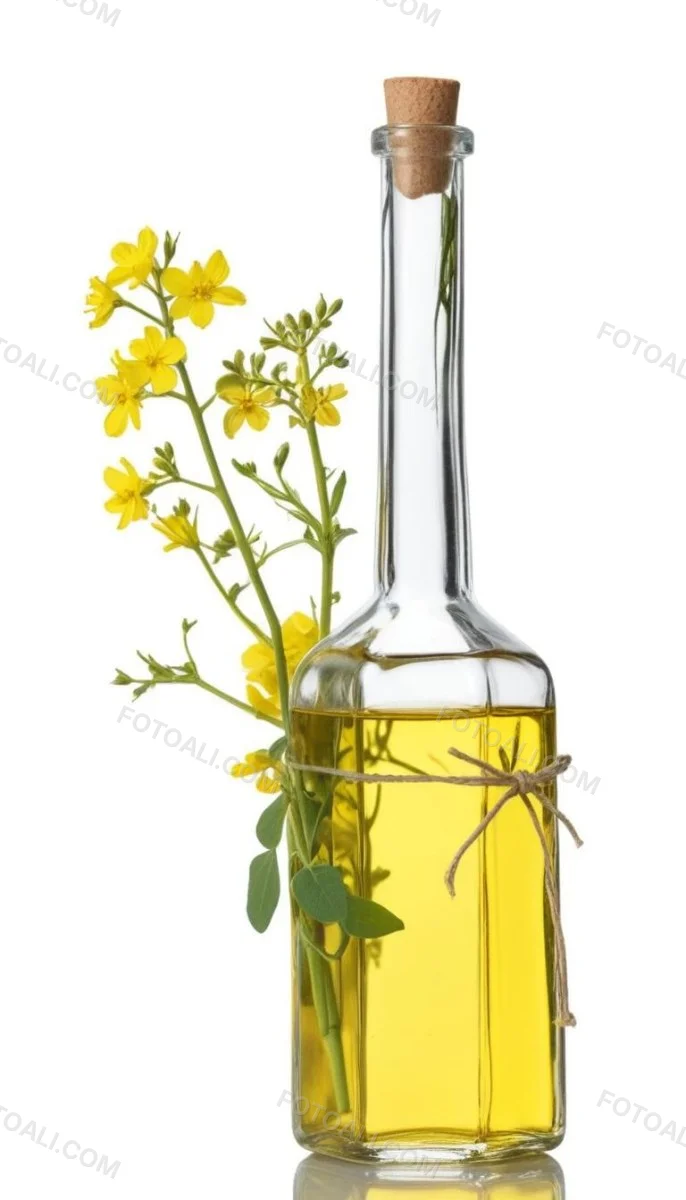 Rapeseed Oil In A Glass Bottle With A Thin Neck Tied With A String Next To A Rapeseed Flower On A White Background 1 6aec