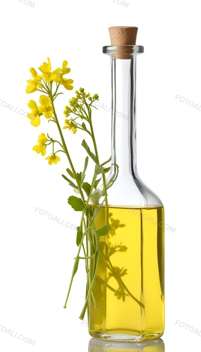 Rapeseed Oil In A Glass Bottle With A Thin Neck Tied With A String Next To A Rapeseed Flower On A White Background 16 3a0c