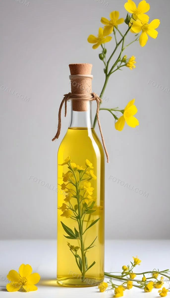 Rapeseed Oil In A Glass Bottle With A Thin Neck Tied With A String Next To A Rapeseed Flower On A White Background 19 C08c