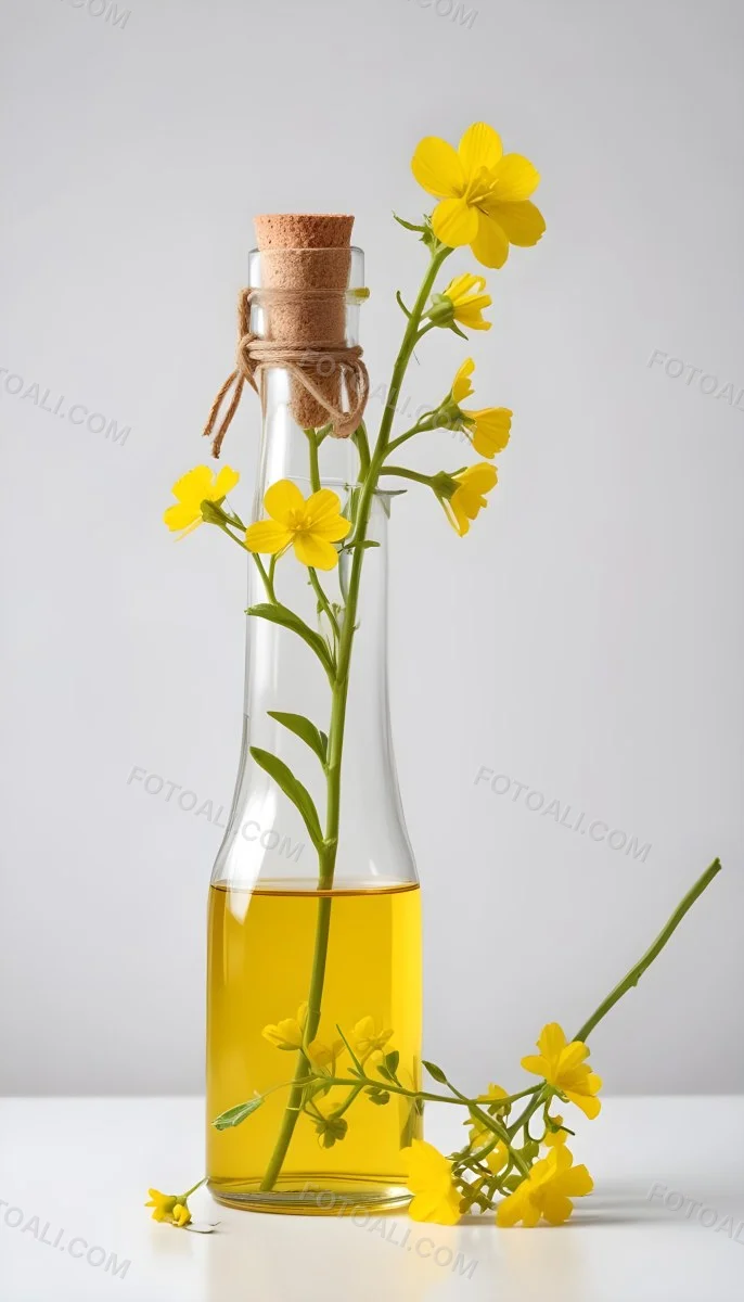 Rapeseed Oil In A Glass Bottle With A Thin Neck Tied With A String Next To A Rapeseed Flower On A White Background 20 D0f9