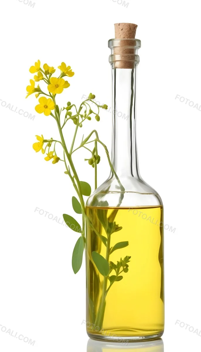 Rapeseed Oil In A Glass Bottle With A Thin Neck Tied With A String Next To A Rapeseed Flower On A White Background 21 63ef