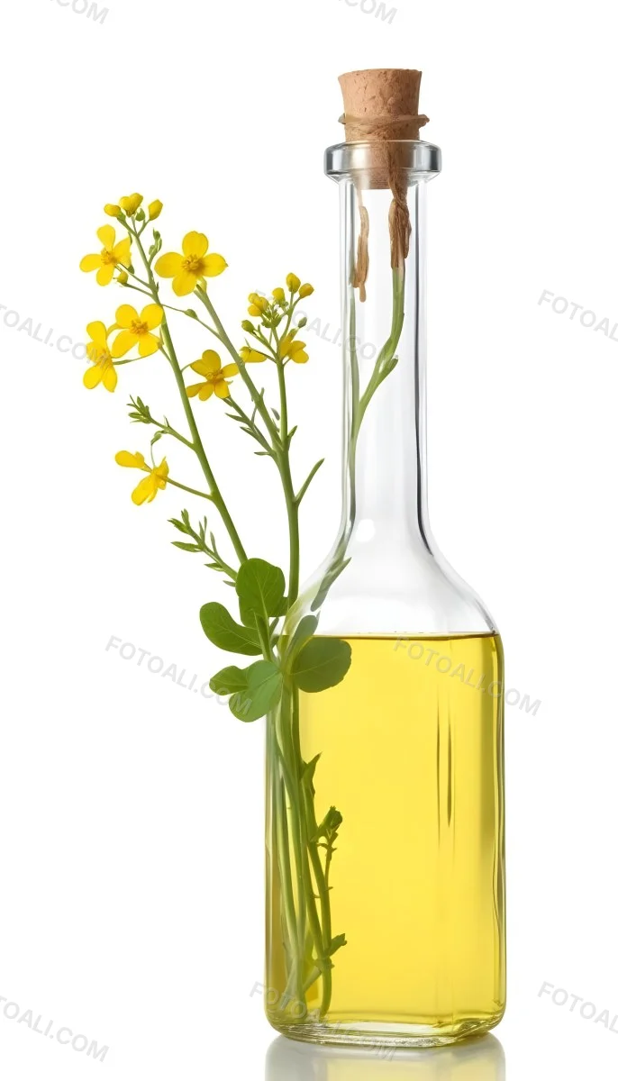 Rapeseed Oil In A Glass Bottle With A Thin Neck Tied With A String Next To A Rapeseed Flower On A White Background 22 E4a3