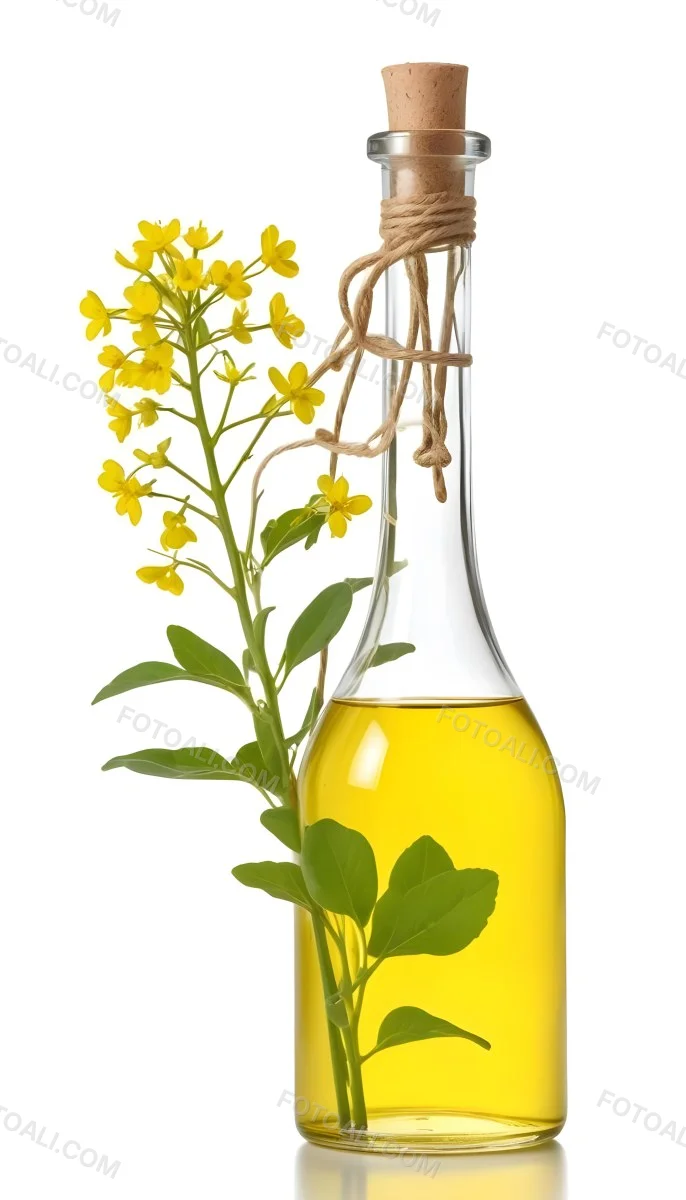Rapeseed Oil In A Glass Bottle With A Thin Neck Tied With A String Next To A Rapeseed Flower On A White Background 26 Bde2
