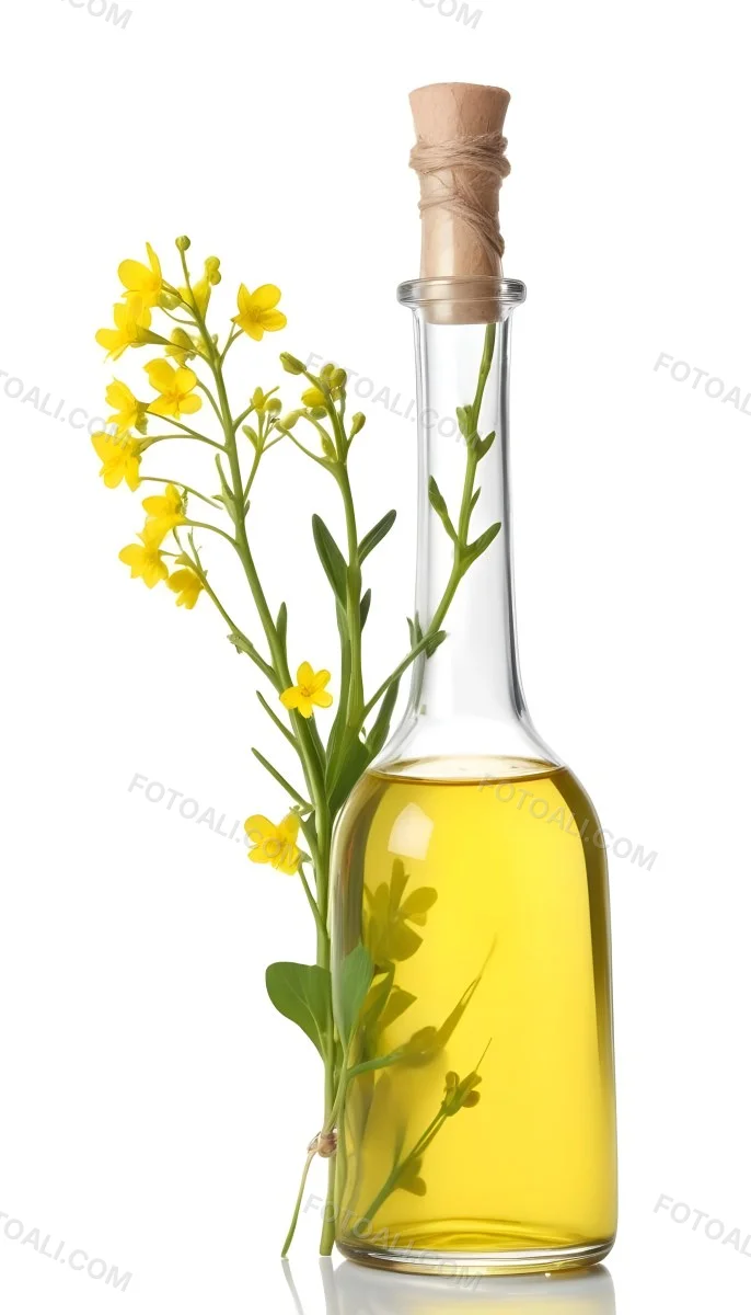 Rapeseed Oil In A Glass Bottle With A Thin Neck Tied With A String Next To A Rapeseed Flower On A White Background 27 Dbf5